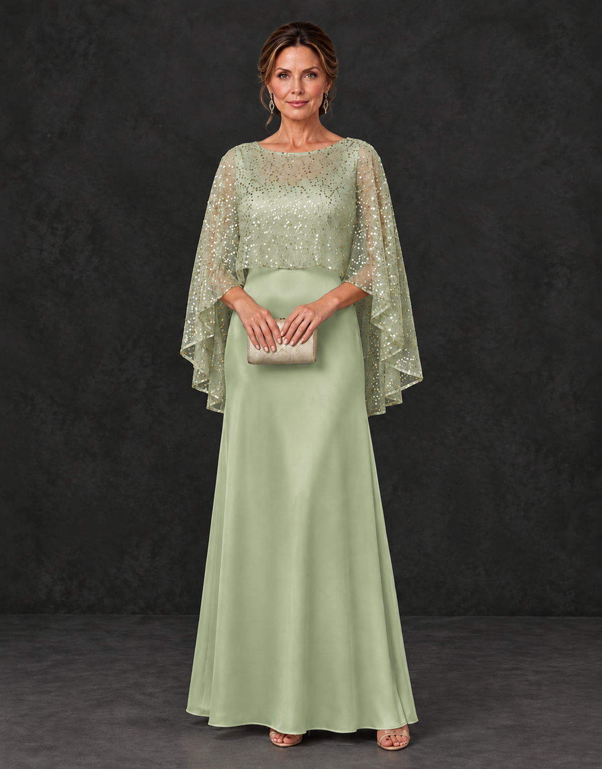 BOLODOO Sage Green Sparkle Cape Sleeve Mother of the Bride Dress - Sage Green - Sage_Green_1