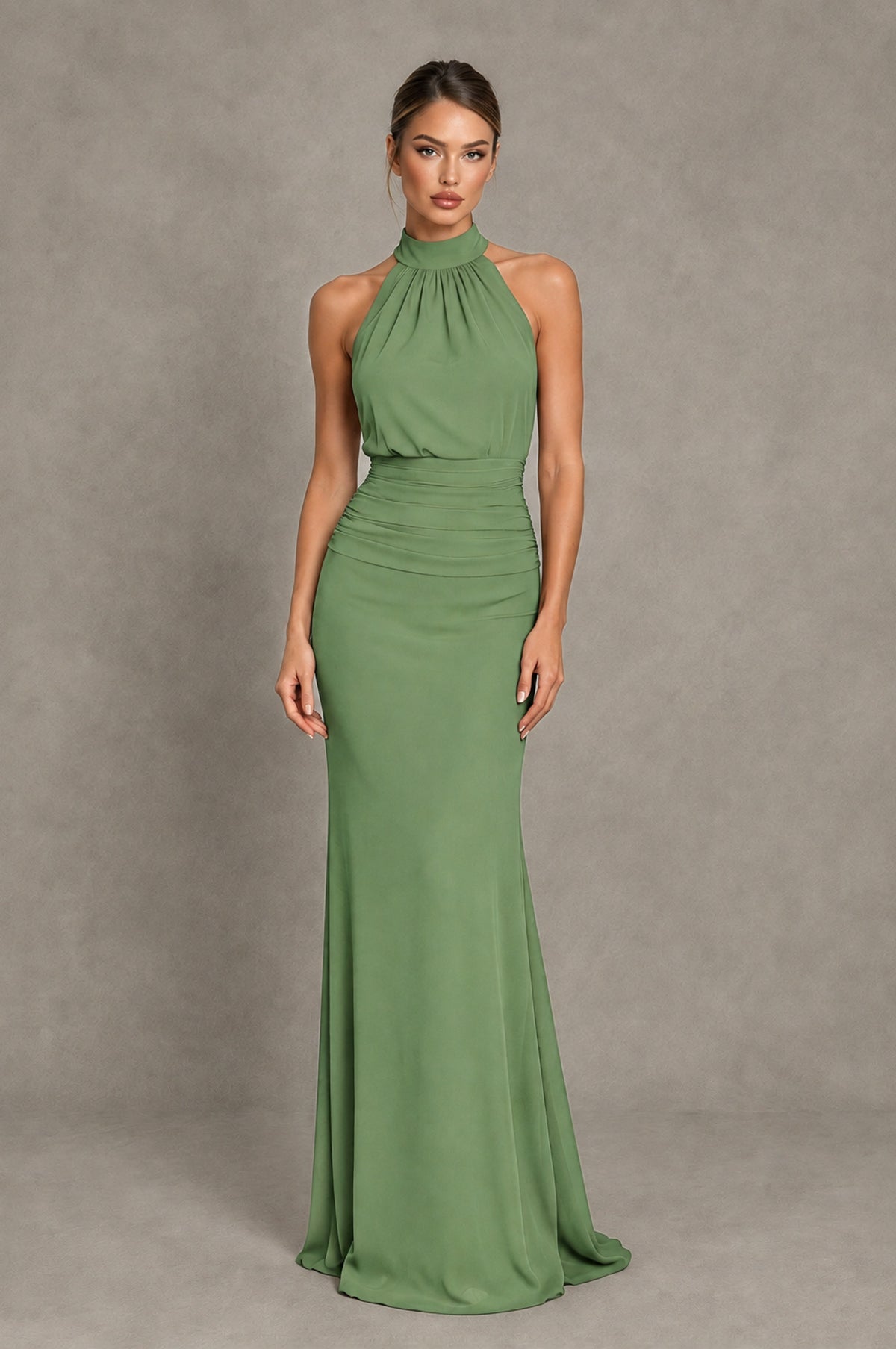 BOLODOO Sage Green Chiffon Halter Maxi Formal Wedding Guest Dress - Sage Green - Sage Green_1