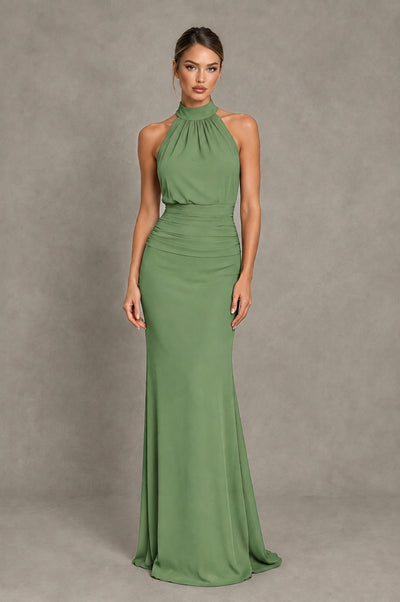 BOLODOO Sage Green Chiffon Halter Maxi Formal Wedding Guest Dress - Sage Green - Sage Green_1