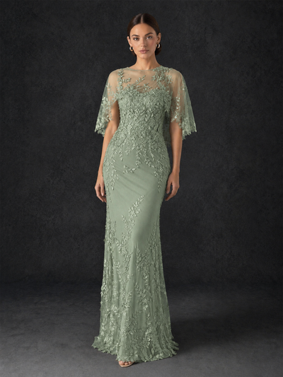 BOLODOO Mocha Rose Botanical Lace Flutter Sleeve Mermaid Gown - Sage Green - Sage Green