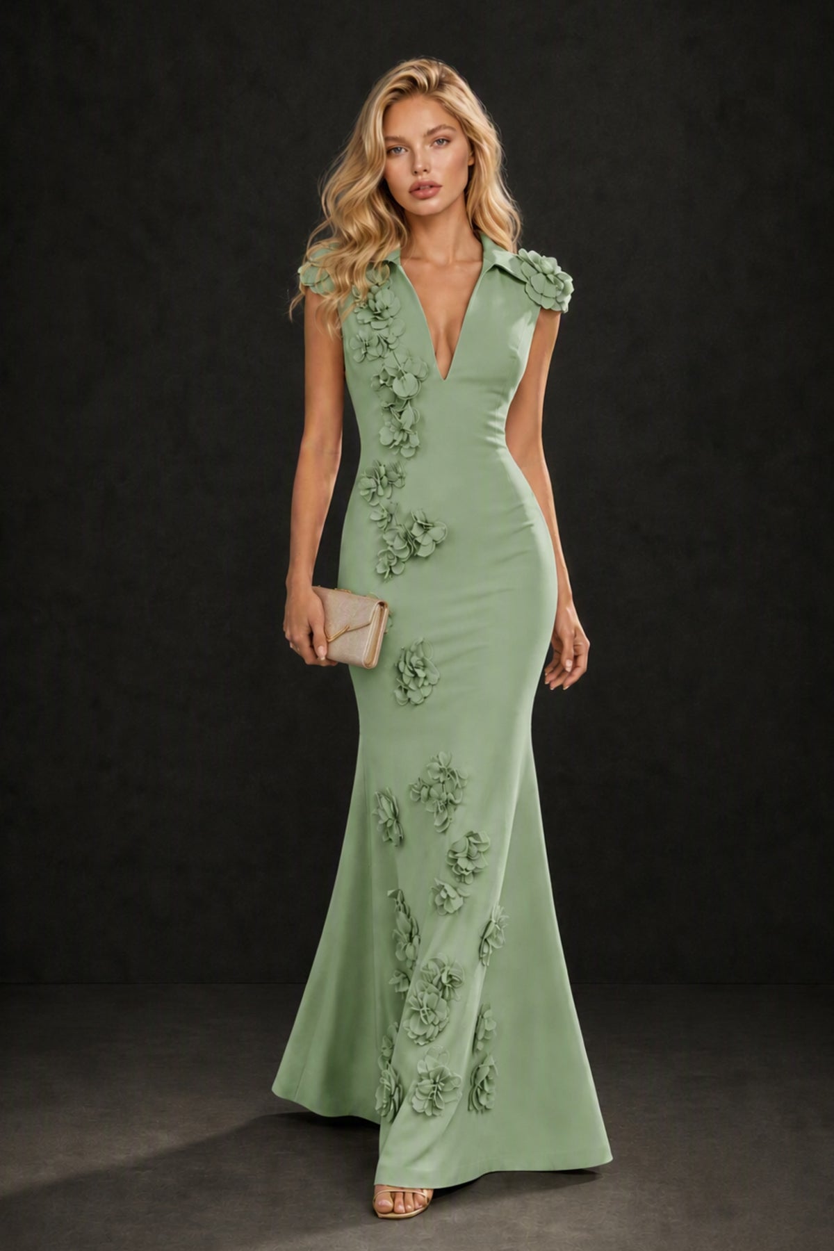 BOLODOO Sage Green 3D Floral Appliqué Deep V-Neck Cap Sleeve Mermaid Gown - Sage Green