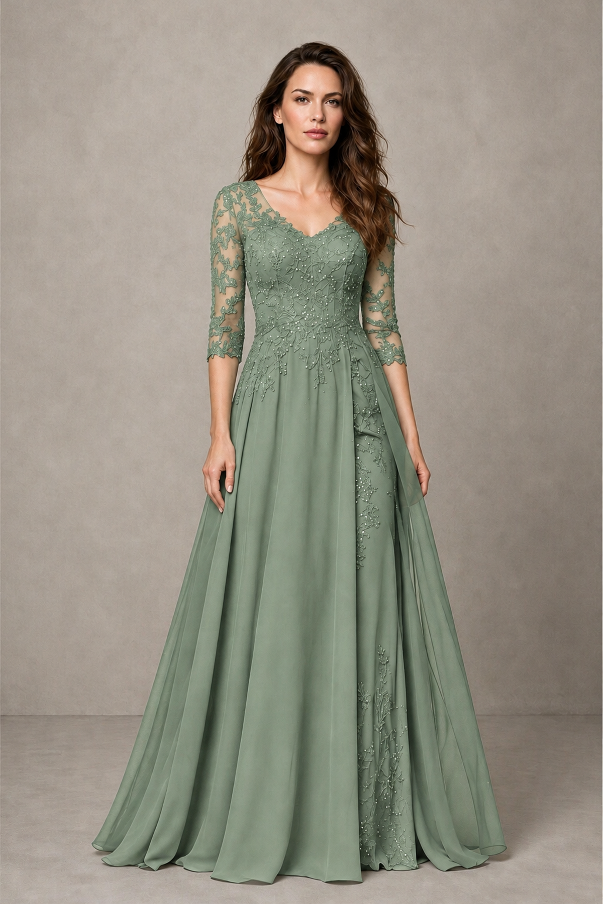 BOLODOO Midnight Sage Green Beaded Lace Appliqué Chiffon A-Line Gown | Mother of the Bride & Formal Evening Dress - Sage Green - Sage Green_1