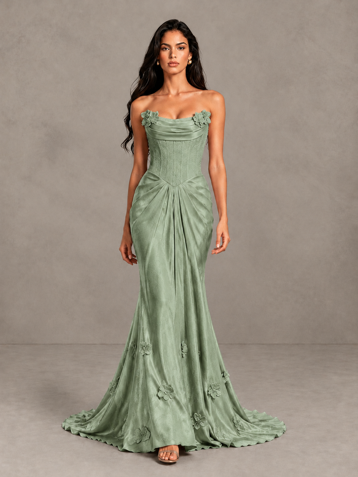 BOLODOO Sage Green Strapless Floral Corset Evening Gown with Train - Sage Green - Sage Green_1