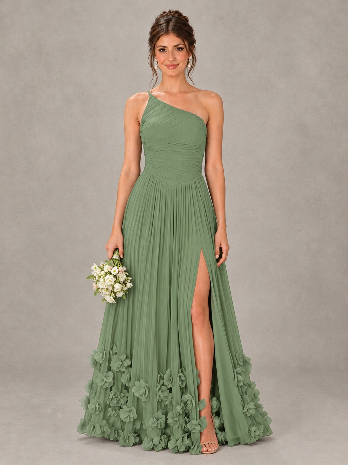 BOLODOO Sage Green One-Shoulder Pleated Bridesmaid Dress with 3D Floral Hem - Sage Green - Sage Green_1