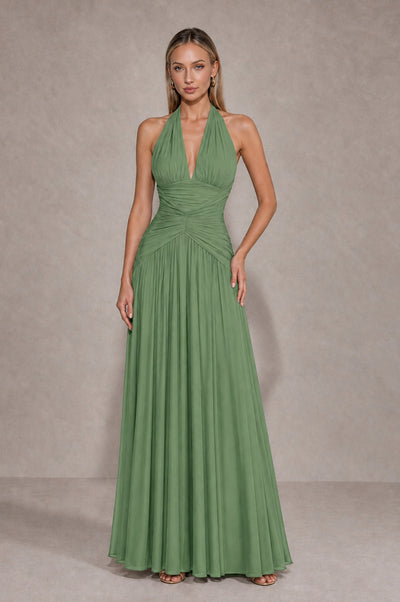 BOLODOO Sage Green Chiffon Halter Deep V-Neck Ruched A-Line Backless Maxi Dress with Train-BD0167 - Sage Green - Sage Green_1