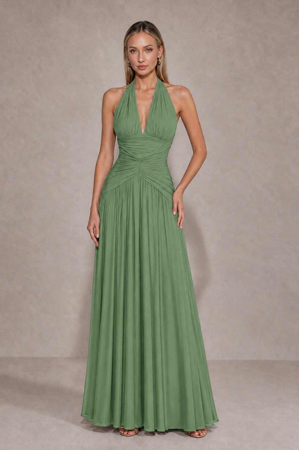BOLODOO Sage Green Chiffon Halter Deep V-Neck Ruched A-Line Backless Maxi Dress with Train-BD0167 - Sage Green - Sage Green_1
