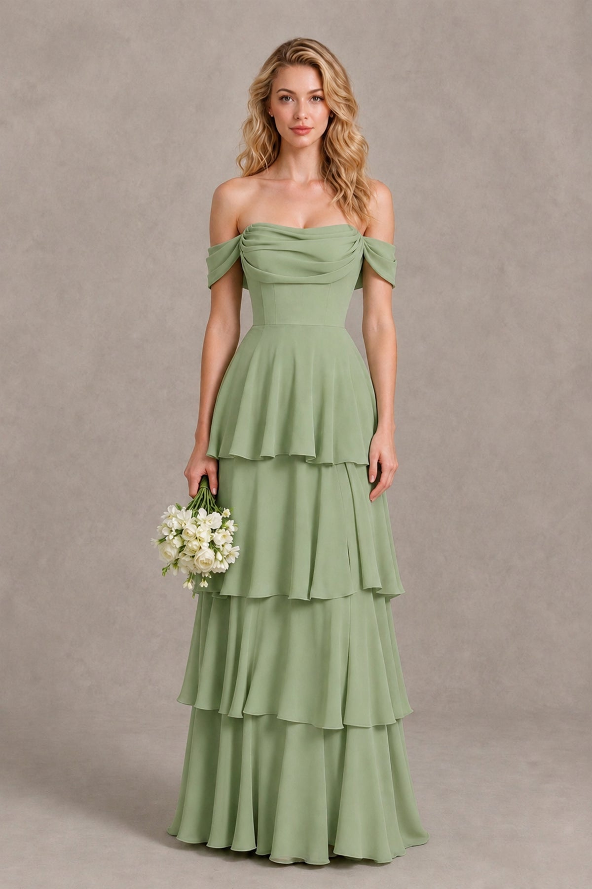 BOLODOO Sage Green Off-the-Shoulder Tiered A-Line Evening Bridesmaid Dress - Sage Green - Sage Green_1