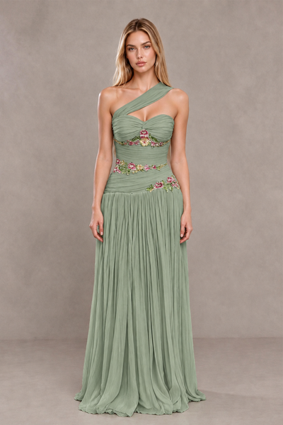 BOLODOO Sage Green One-Shoulder Floral Applique A-Line Evening Dress - Sage Green - Sage Green_1