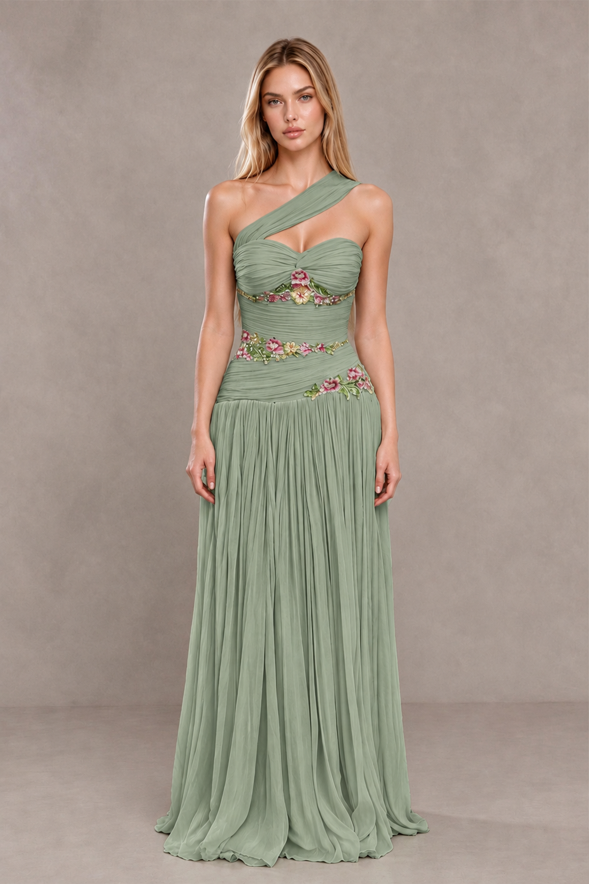 BOLODOO Sage Green One-Shoulder Floral Applique A-Line Evening Dress - Sage Green - Sage Green_1