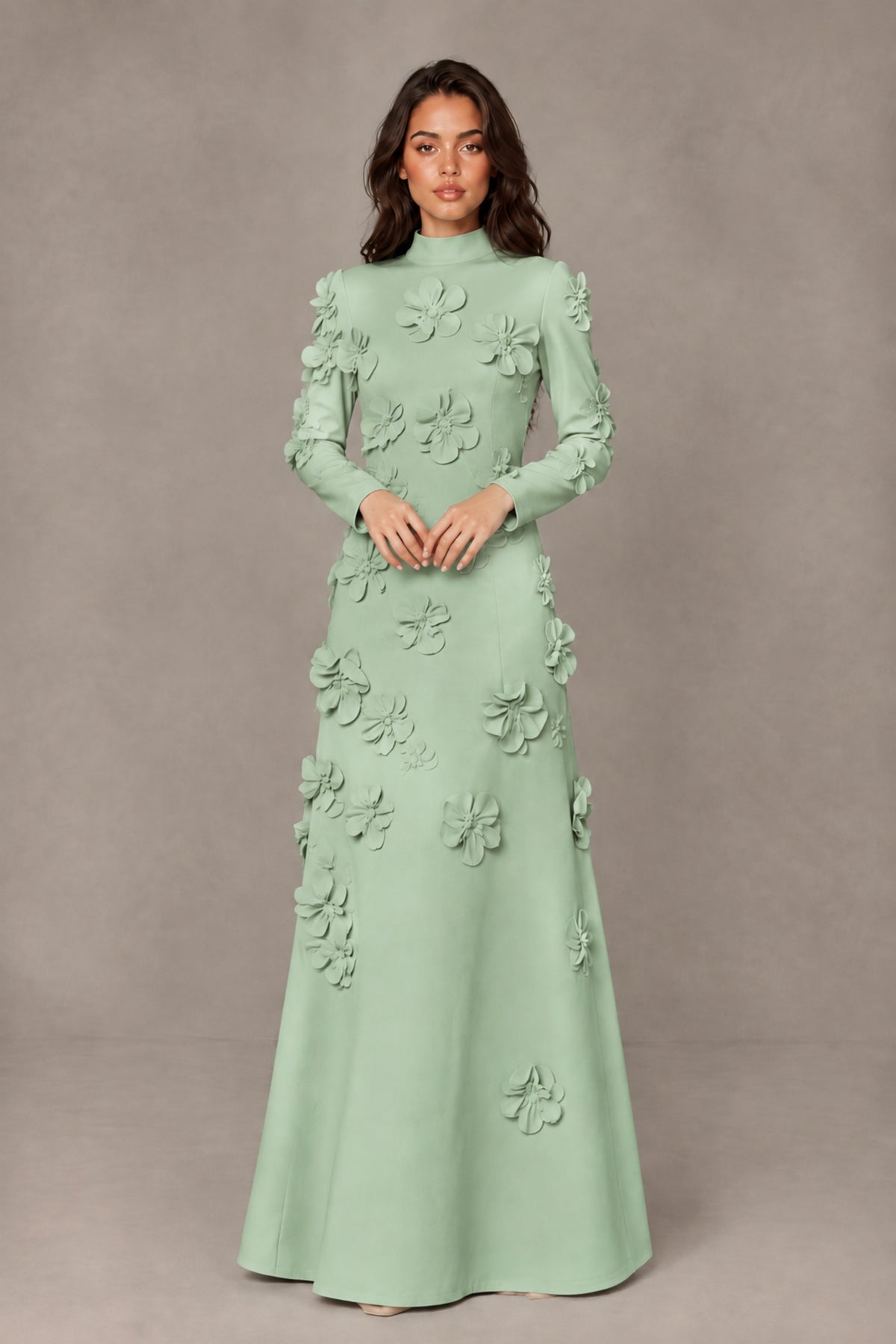 BOLODOO Sage Green High Neck Long Sleeve 3D Floral Evening Gown - Sage Green