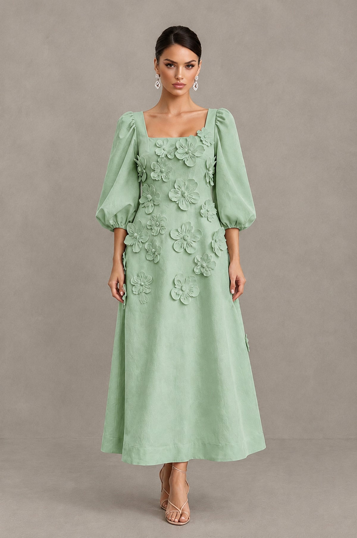 BOLODOO Sage Green 3D Floral Puff Sleeve Midi Cocktail Dress - Sage Green - Sage Green_1