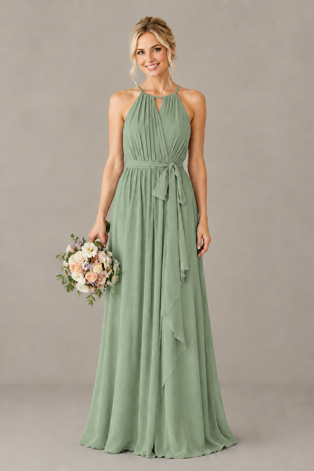 BOLODOO Sage Green Halter Chiffon Bridesmaid Dress with High Slit - Sage Green