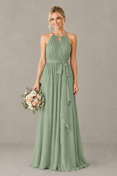 BOLODOO Sage Green Halter Chiffon Bridesmaid Dress with High Slit - Sage Green