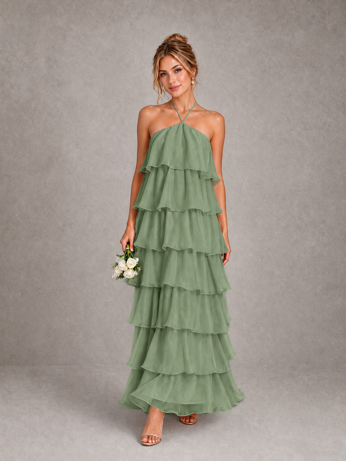 BOLODOO Sage Green Halter Tiered Ruffle Maxi Bridesmaid Dress - Sage Green - Sage Green_1