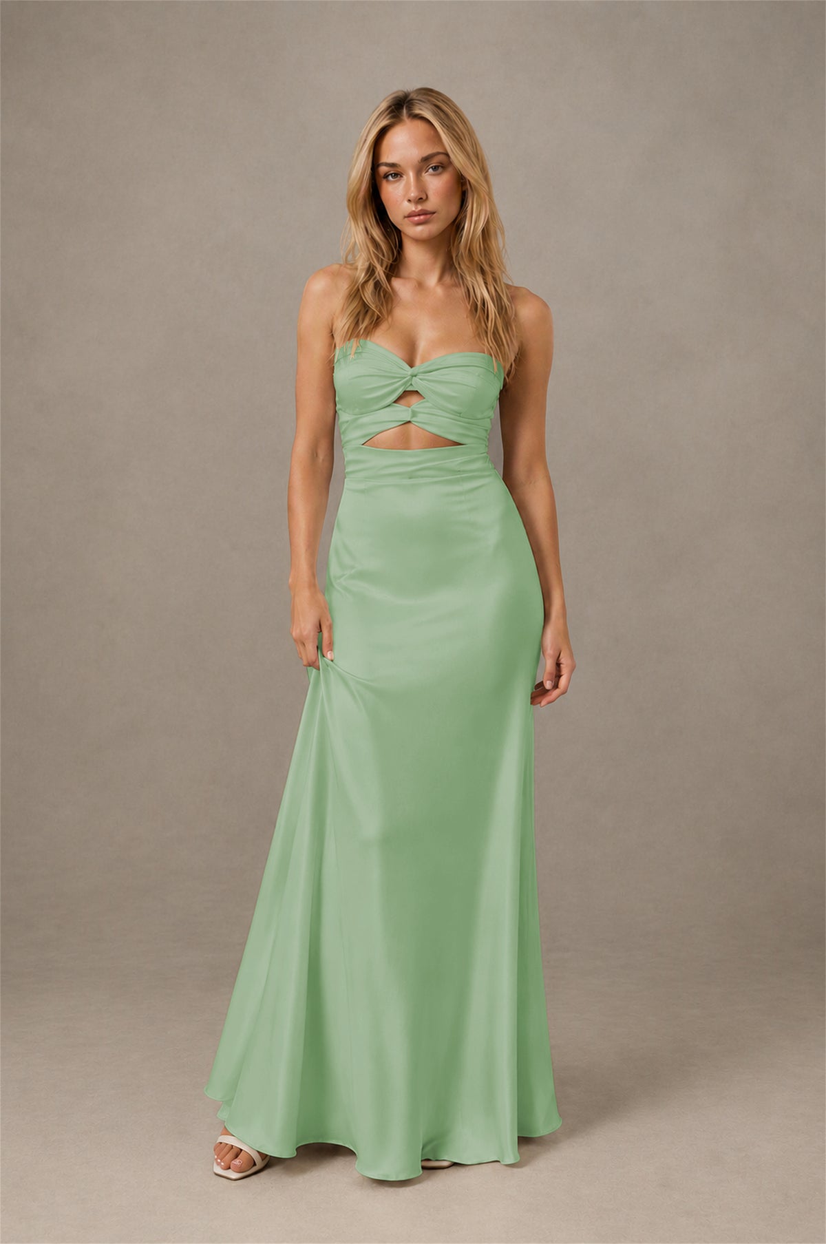 BOLODOO Sage Green Sweetheart Strapless Twist Knot Cutout Lace-Up Back Satin Mermaid Maxi Dress - Sage Green - Sage Green(1)