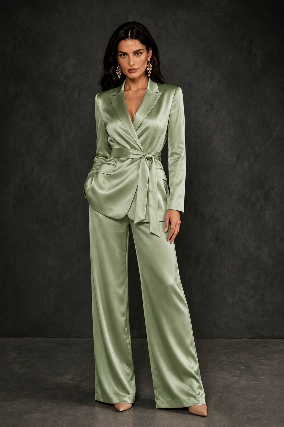 BOLODOO Sage Green Satin Wrap Blazer Wide-Leg Pants Two-Piece Suit Set – Evening Gala Wedding Guest - Sage Green
