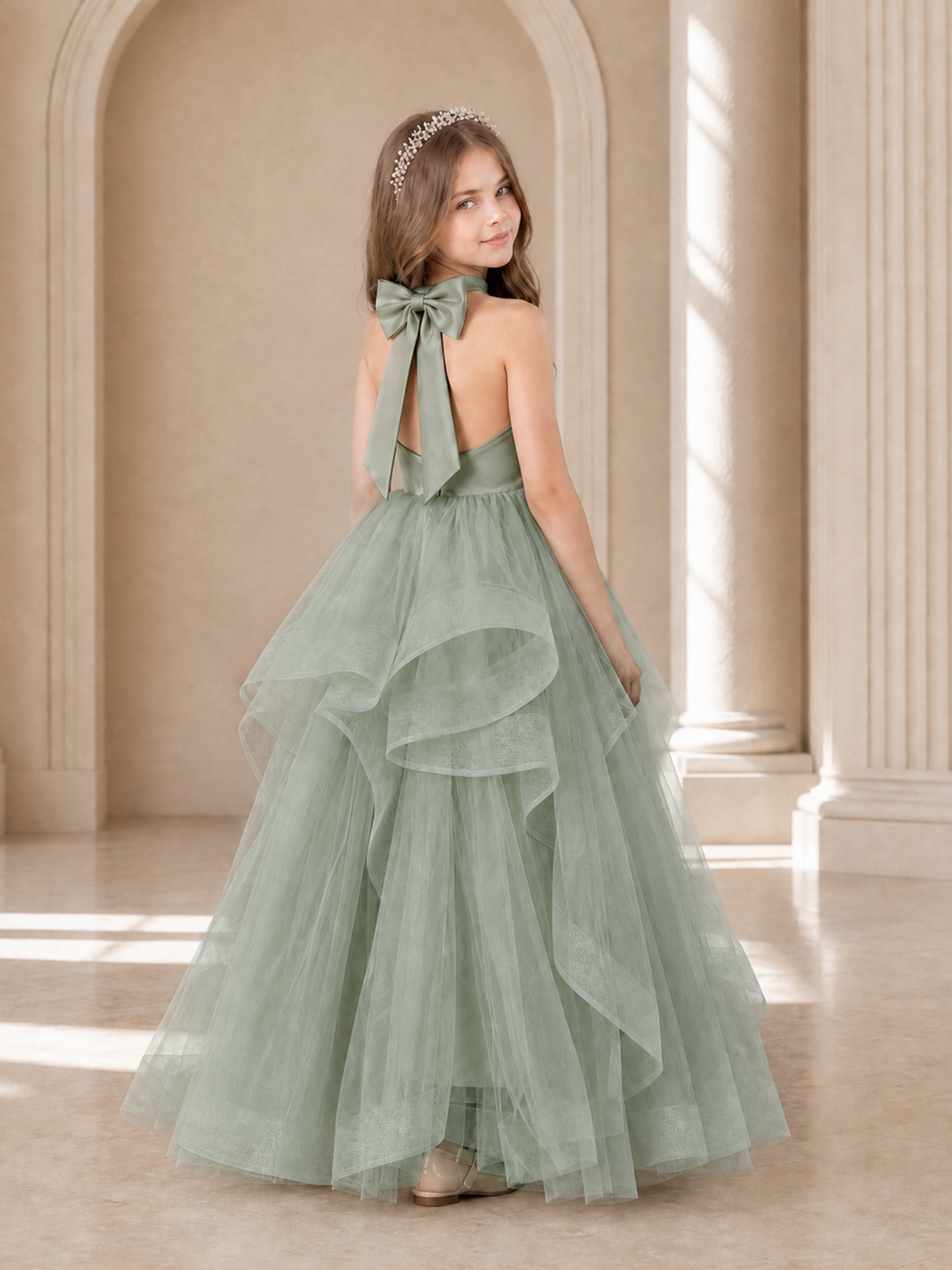 BOLODOO Sage Green Halter Tiered Tulle Flower Girl Dress with Bow Back - Sage Green - Sage Green_1