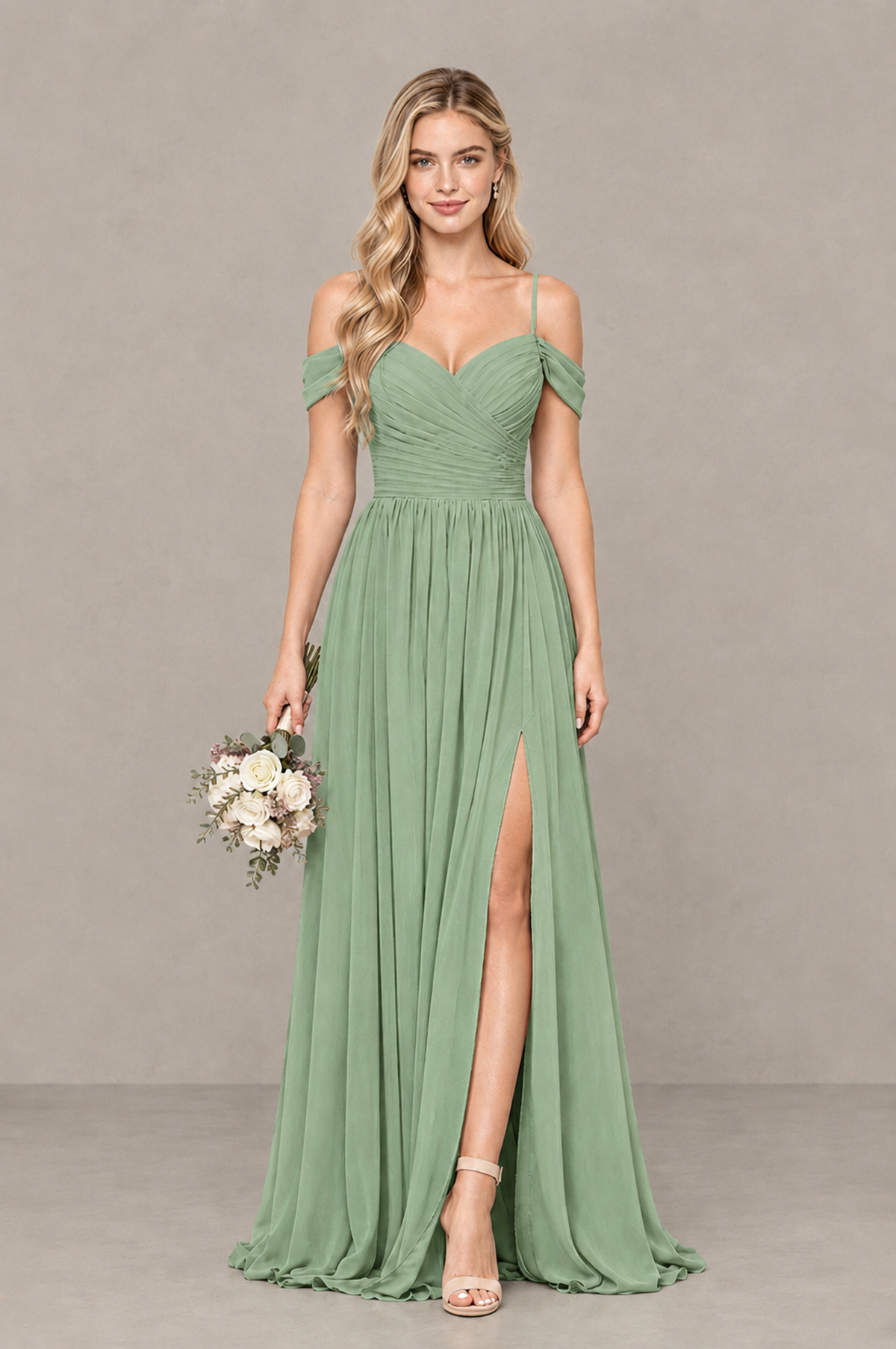 BOLODOO Sage Green Off-Shoulder Bridesmaid Dress with Slit - Sage Green