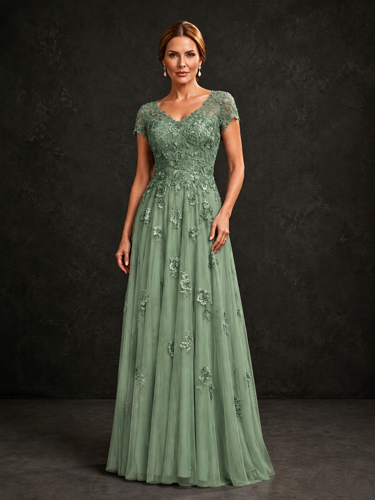 BOLODOO Sage Green Cap Sleeve Lace Appliqué A-Line Formal Gown | Mother of the Bride Dress - Sage Green - Sage Green_1