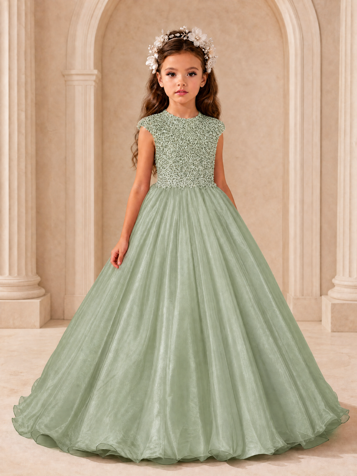 BOLODOO Sage Green Sequin Tulle Flower Girl Dress with Cap Sleeves - Sage Green - Sage Green_1