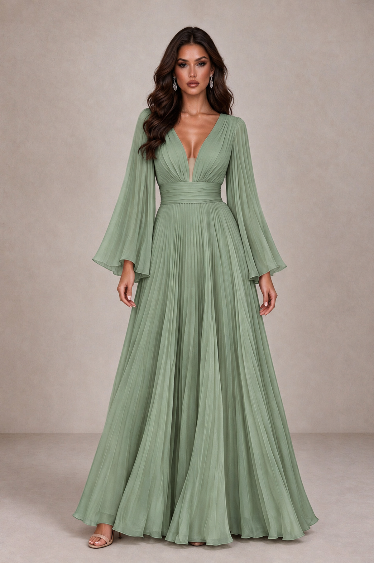 BOLODOO Sage Green Pleated Deep V-Neck Long Bell Sleeve Evening Dress - Sage Green - Sage_Green_1