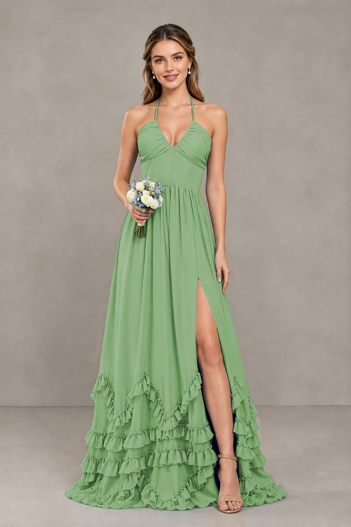 BOLODOO Sage Green Halter Ruffle Hem A-Line Bridesmaid Dress with High Slit - Sage Green - Sage Green(1)