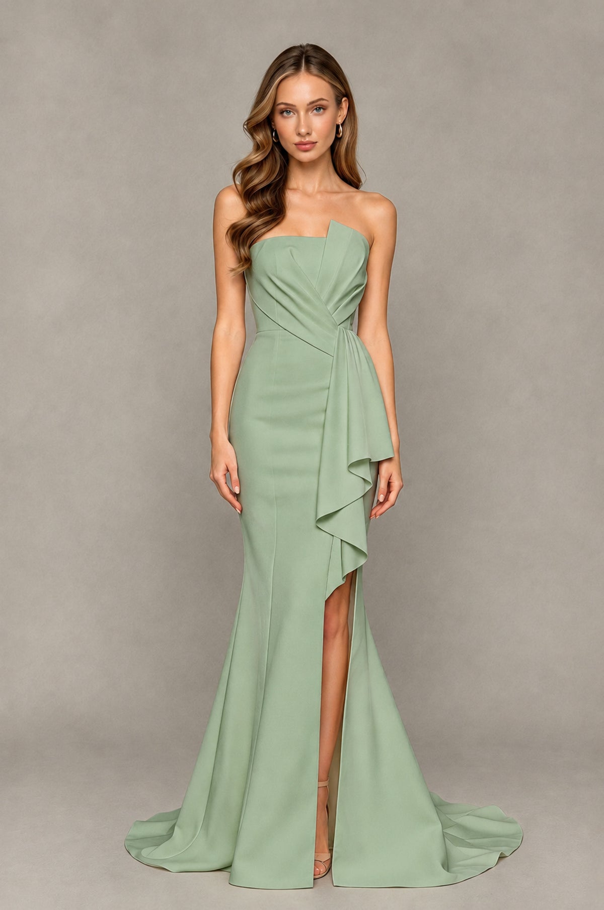 BOLODOO Sage Green Strapless Mermaid Evening Dress with Ruffle Slit and Train - Sage Green - Sage Green_1
