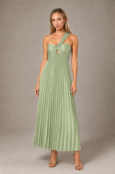 BOLODOO Sage Green One-Shoulder Twist Knot Pleated Satin Midi Dress with Cutout - Sage Green - Sage_Green_1