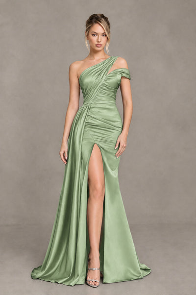 BOLODOO Sage Green Asymmetric Ruched Formal Evening Dress - Sage Green - Sage Green_1