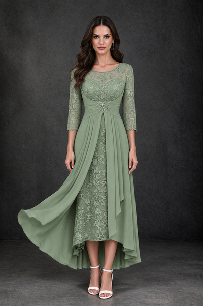 BOLODOO Sage Green Sequin Lace & Chiffon Tea-Length Mother of the Bride Dress with 3/4 Sleeves - Sage Green - Sage_Green_1