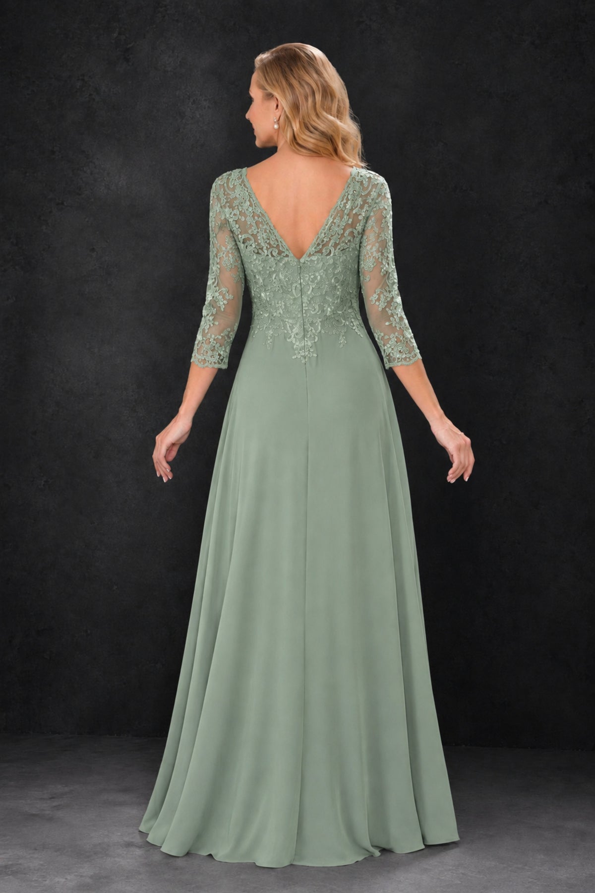 BOLODOO Sage Green Lace Embroidered Mother of the Bride Dress with 3/4 Sleeves - Sage Green
