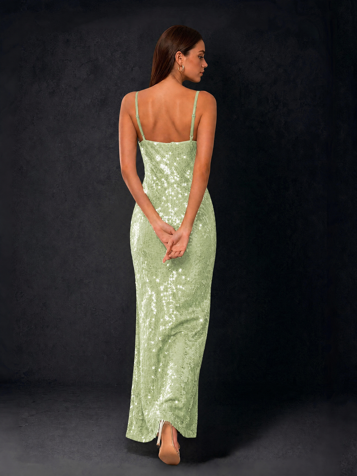 BOLODOO Bronze Sequin Cowl Neck Spaghetti Strap Mermaid Maxi Dress with Open Criss-Cross Back - Sage Green - Sage Green