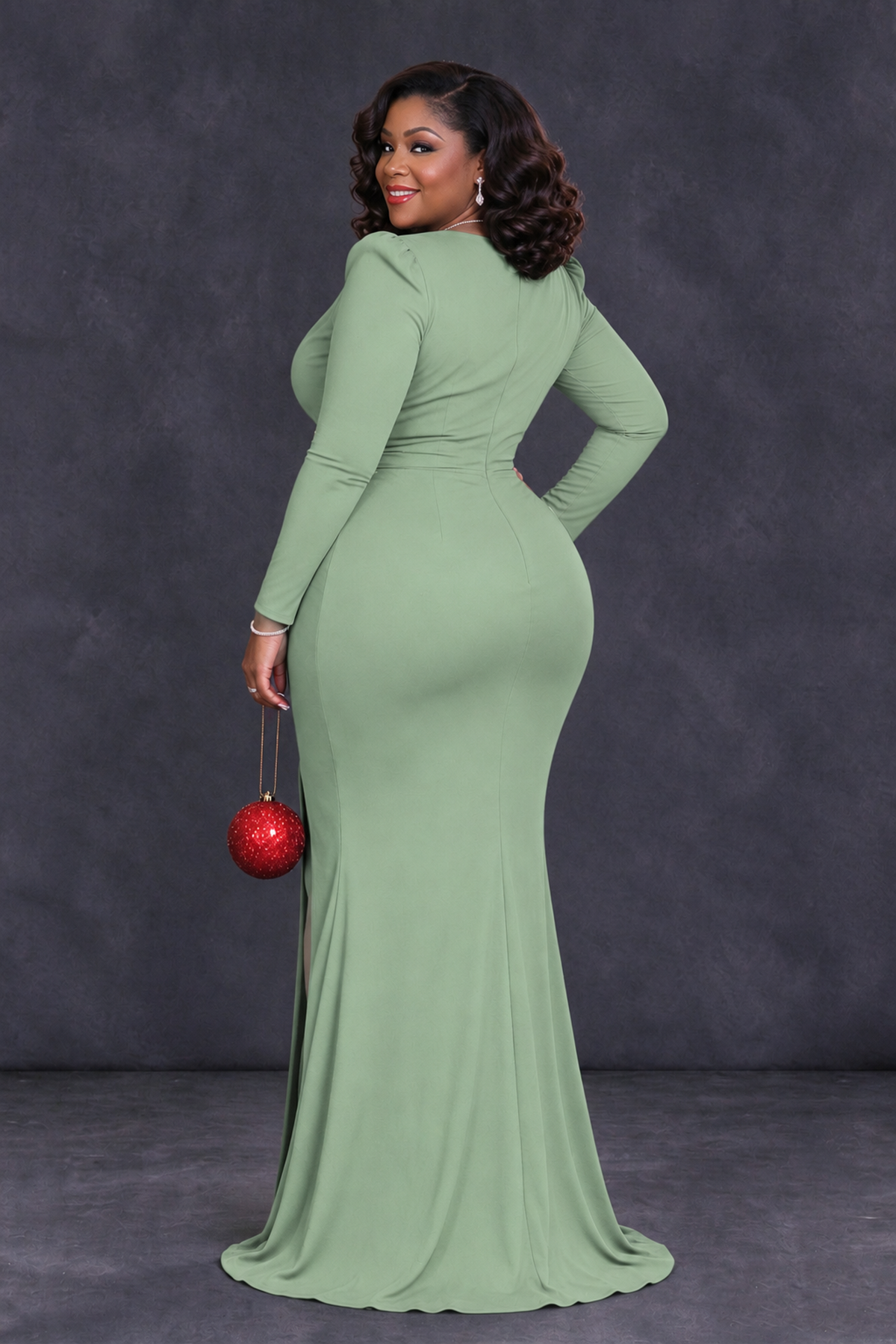 BOLODOO Sage Green Plus Size Long Sleeve V-Neck Mother of the Bride Dress with Slit - Sage Green - Sage Green_2