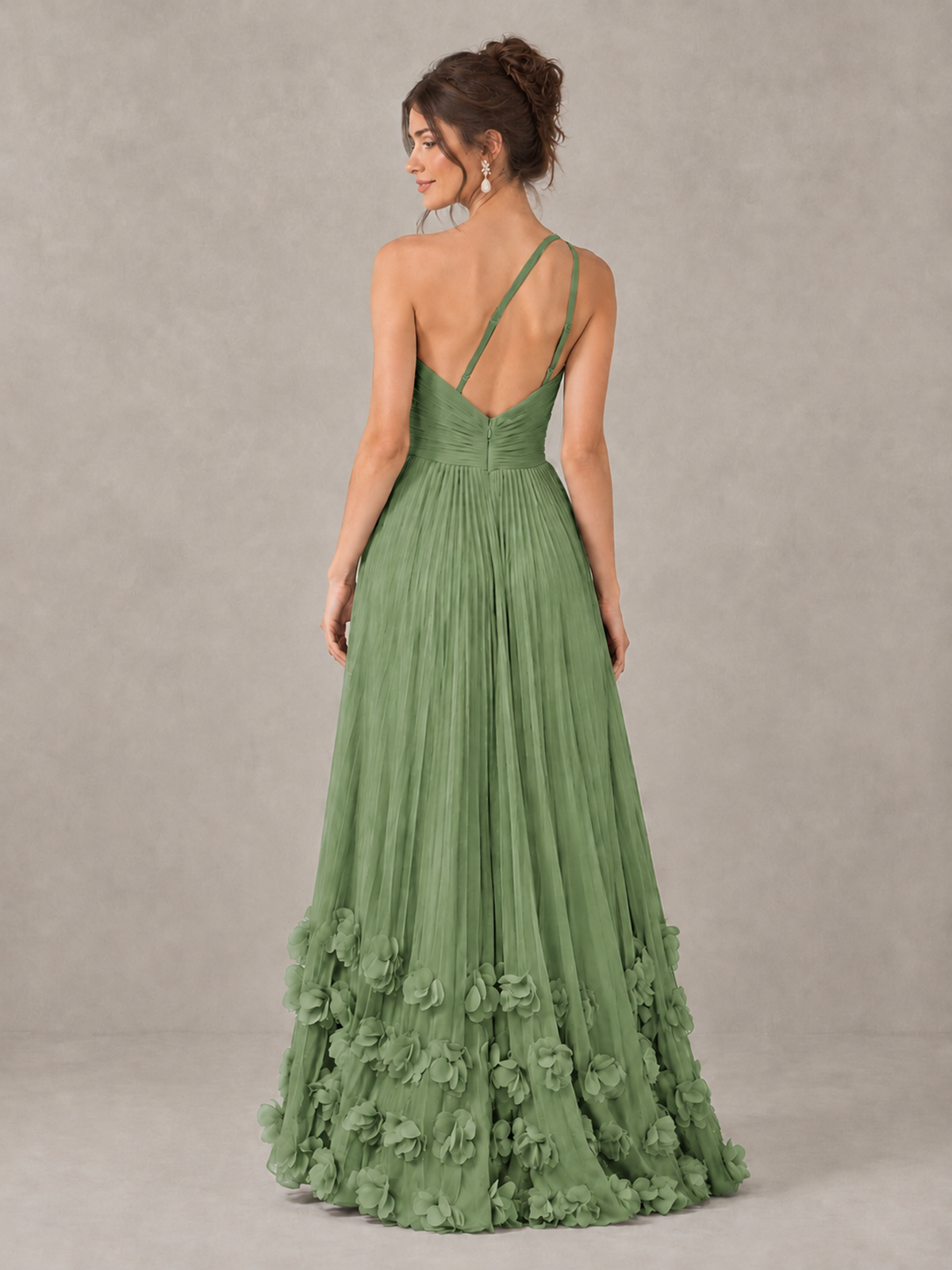 BOLODOO Sage Green One-Shoulder Pleated Bridesmaid Dress with 3D Floral Hem - Sage Green - Sage Green_2