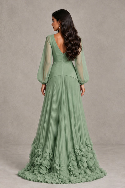 BOLODOO Sage Green V-Neck Long Sleeve Pleated Floral Hem Evening Dress - Sage Green - Sage Green_2