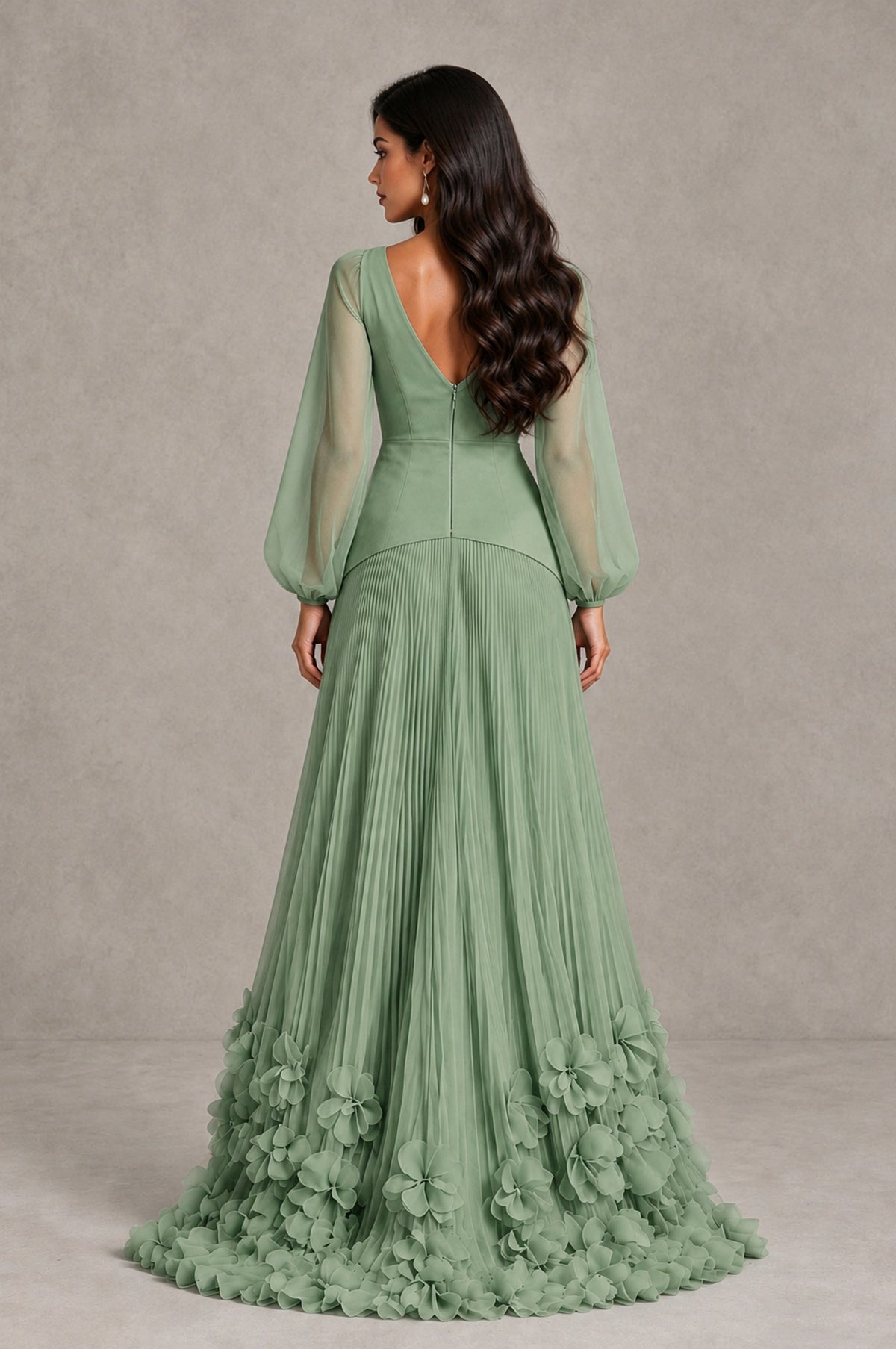 BOLODOO Sage Green V-Neck Long Sleeve Pleated Floral Hem Evening Dress - Sage Green - Sage Green_2