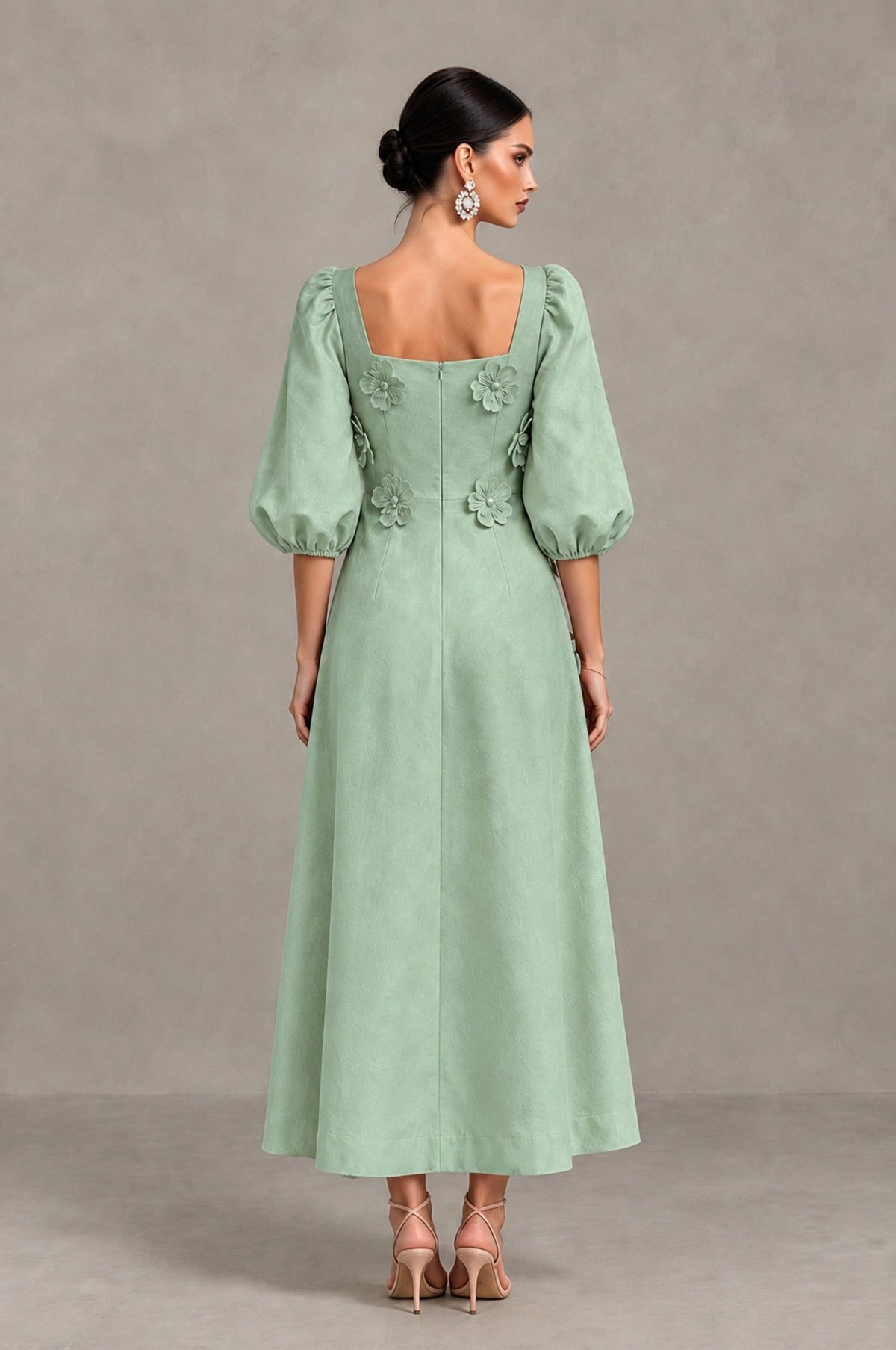 BOLODOO Sage Green 3D Floral Puff Sleeve Midi Cocktail Dress - Sage Green - Sage Green_2