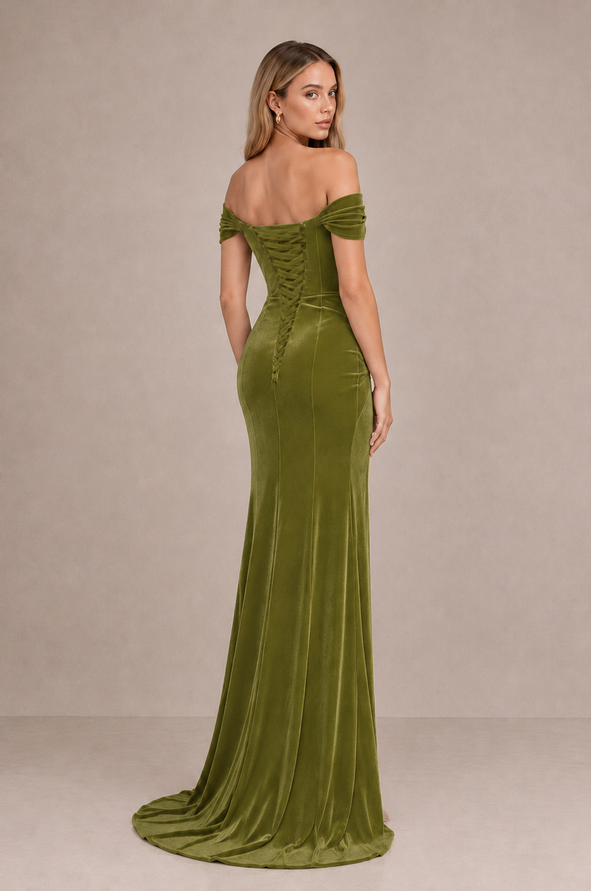 BOLODOO Sage Green Velvet Off-Shoulder Ruched High Slit Evening Dress - Sage Green - Sage_Green_2