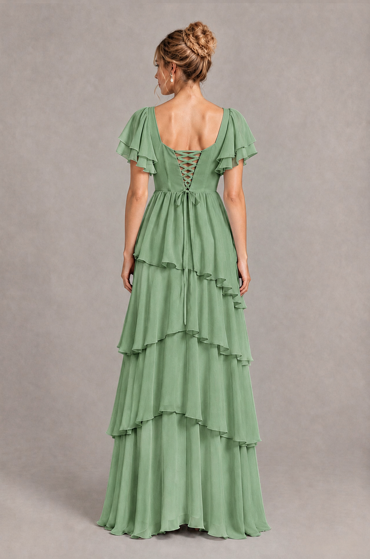 BOLODOO Sage Green Square Neck Flutter Sleeve Tiered Chiffon Bridesmaid Dress with Lace-Up Back - Sage Green - Sage Green_2