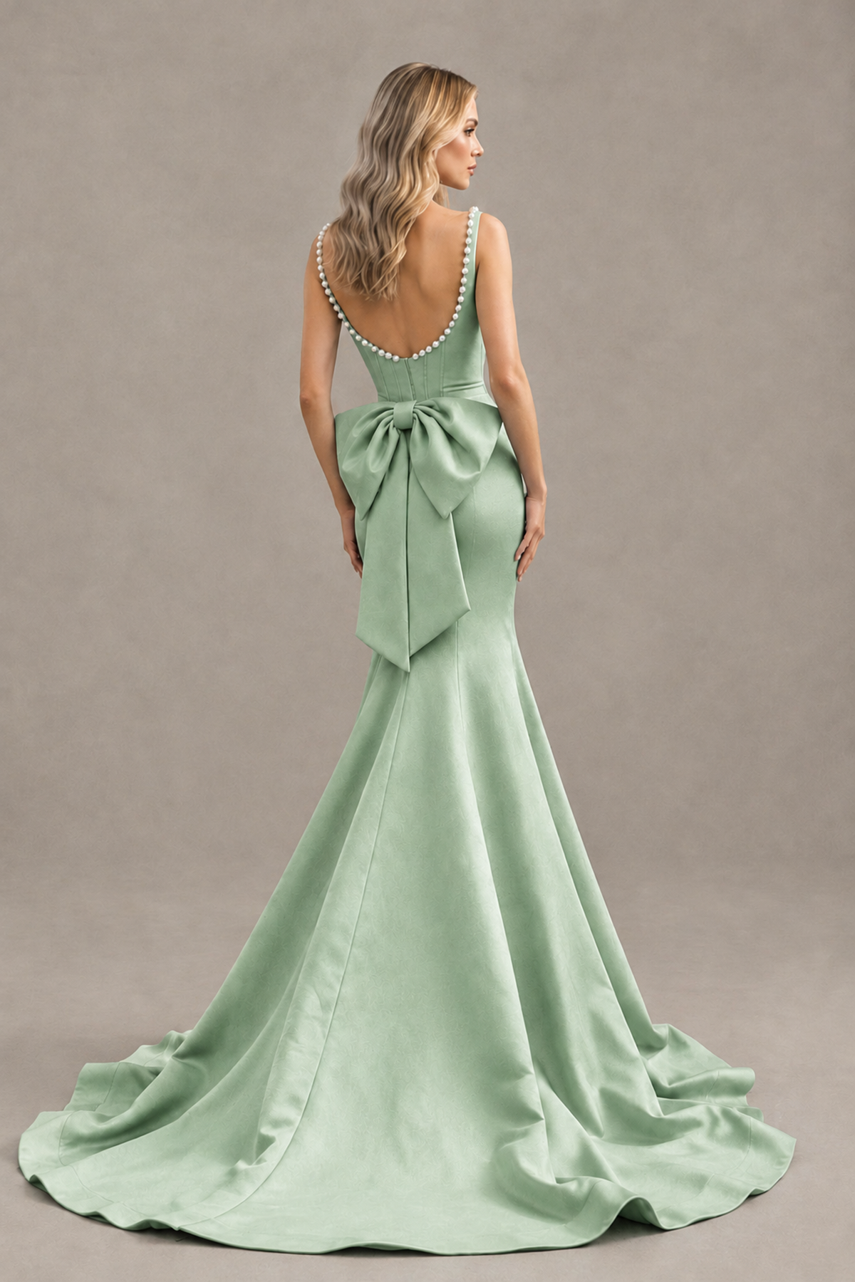 BOLODOO Sage Green Pearl-Trim Mermaid Prom Dress with Back Bow - Sage Green - Sage_Green_2