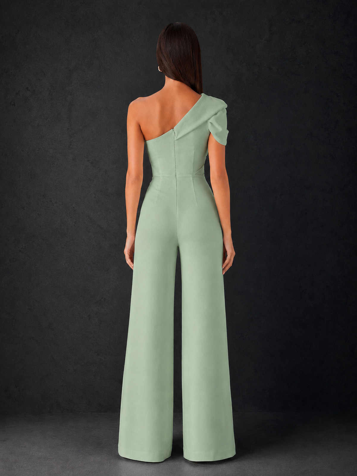 BOLODOO Sage Green One-Shoulder Puff Sleeve Wide-Leg Jumpsuit with Front Slit and Open Back - Sage Green