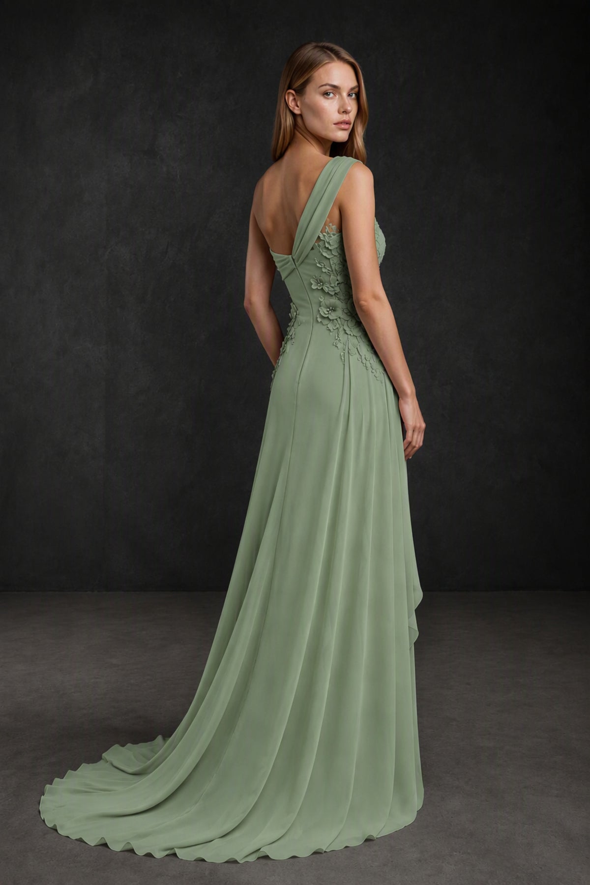 BOLODOO Sage Green One-Shoulder 3D Floral Appliqué Chiffon Gown with Open Back - Sage Green