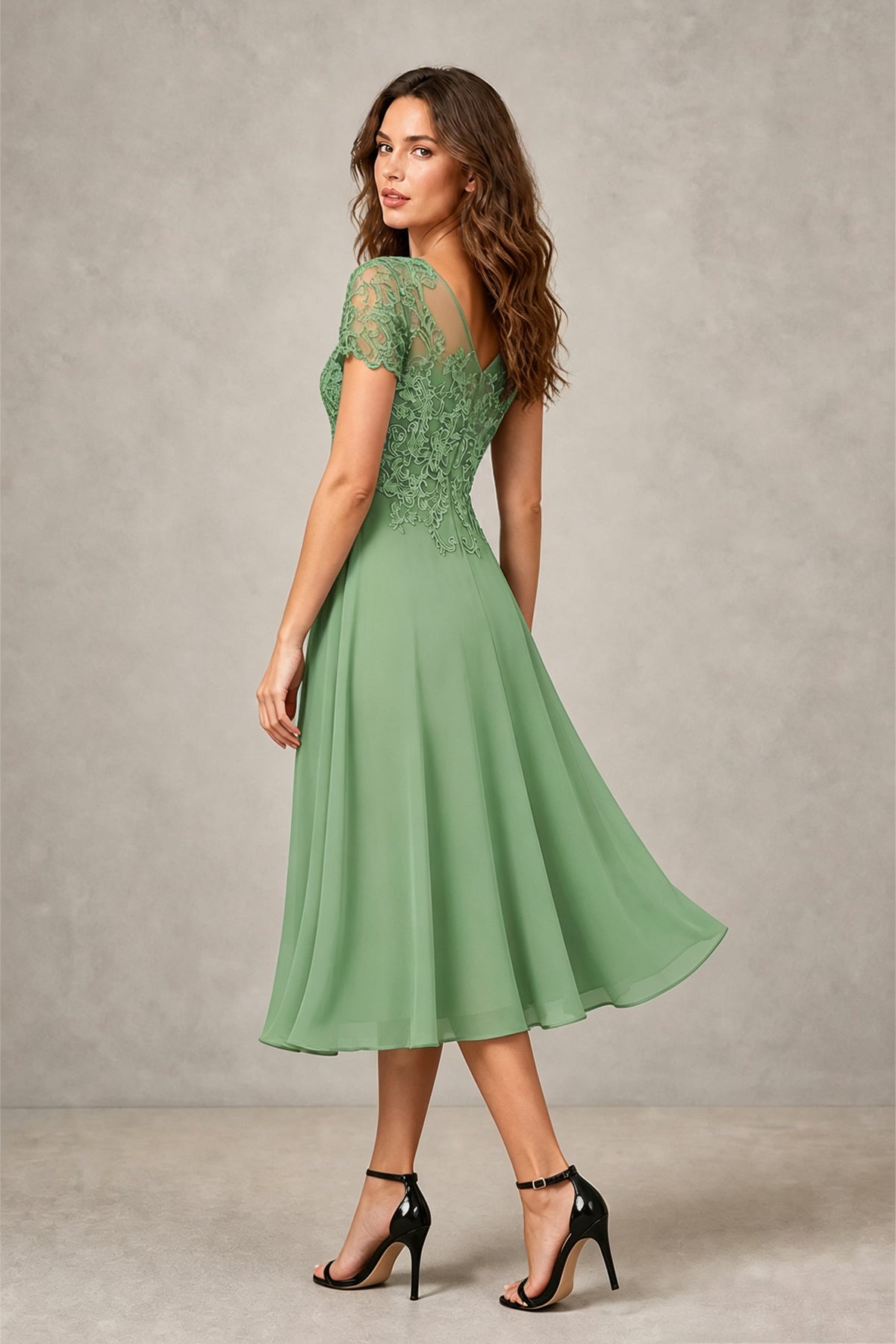 BOLODOO Steel Sage Green Beaded Lace Illusion Bodice Chiffon Tea-Length Dress | Mother of the Bride & Cocktail Party - Sage Green