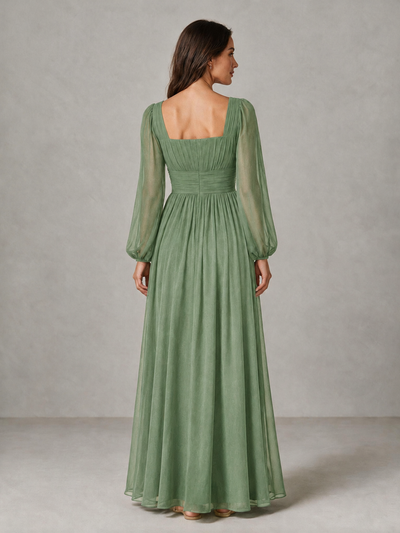 BOLODOO Sage Green Square Neck Long Sleeve Chiffon Bridesmaid Dress - Sage Green - Sage Green_2