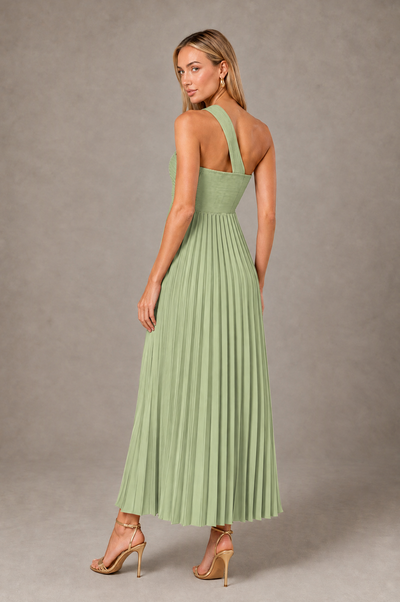 BOLODOO Sage Green One-Shoulder Twist Knot Pleated Satin Midi Dress with Cutout - Sage Green - Sage_Green_2