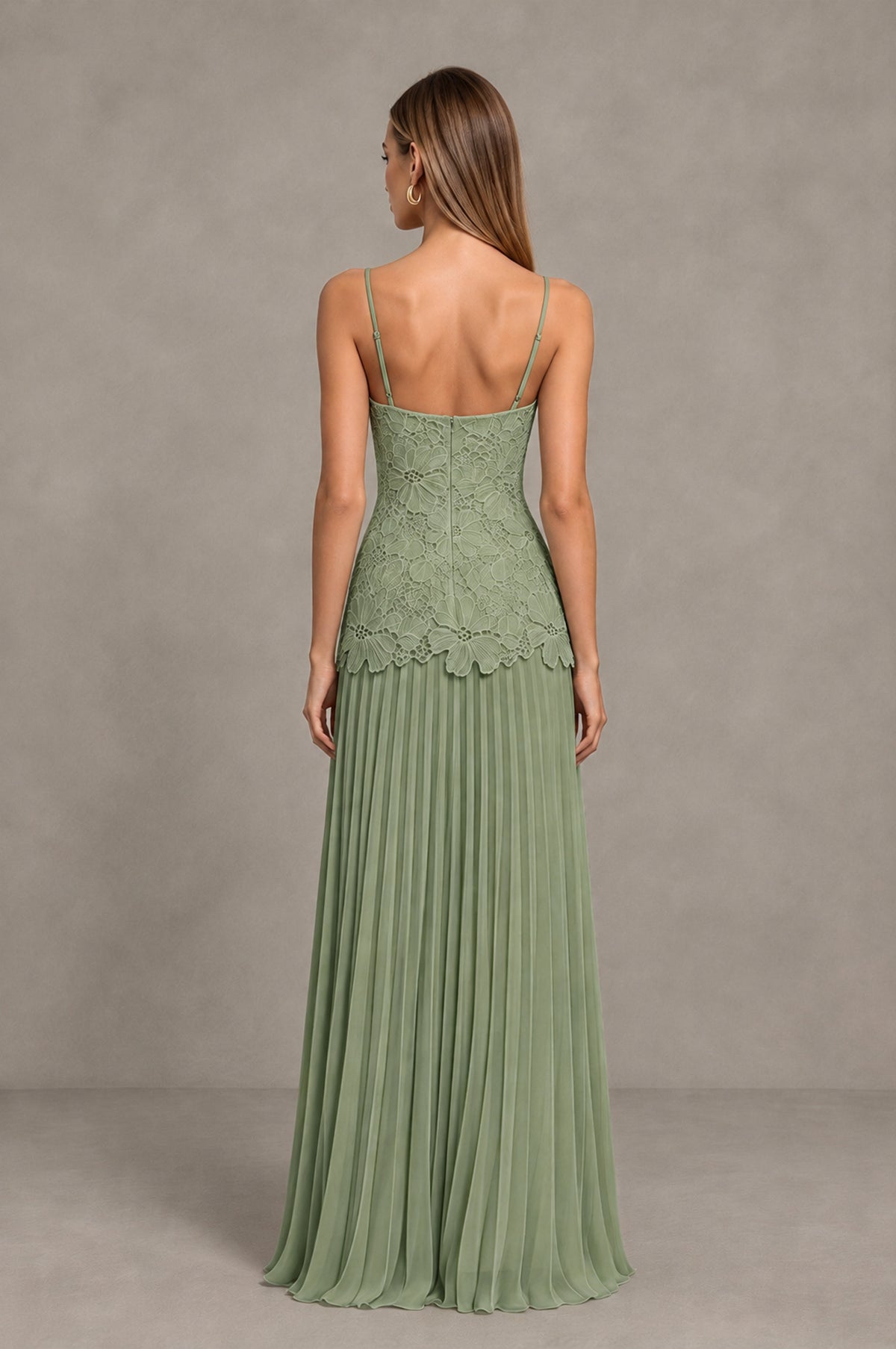 BOLODOO Sage Green Lace Bodice Pleated Wedding Guest Dress - Sage Green - Sage Green_2