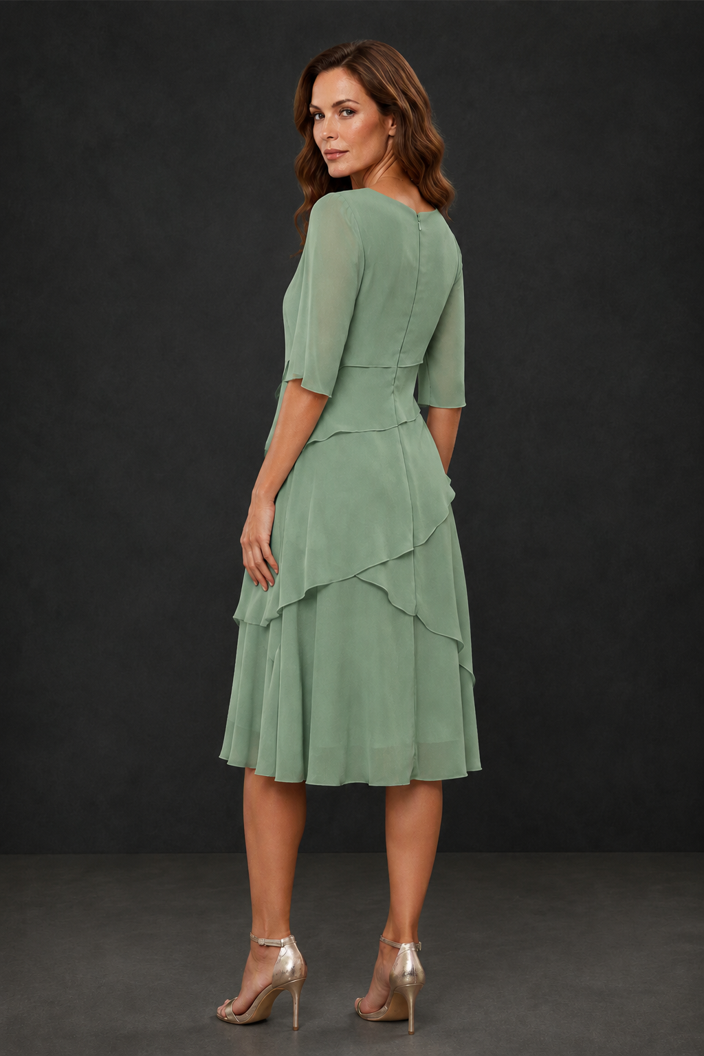 BOLODOO Sage Green Chiffon 3/4 Sleeve Asymmetric Tiered Tea Length Dress | Mother of the Bride Midi Dress - Sage Green
