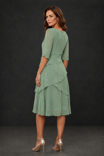 BOLODOO Sage Green Chiffon 3/4 Sleeve Asymmetric Tiered Tea Length Dress | Mother of the Bride Midi Dress - Sage Green