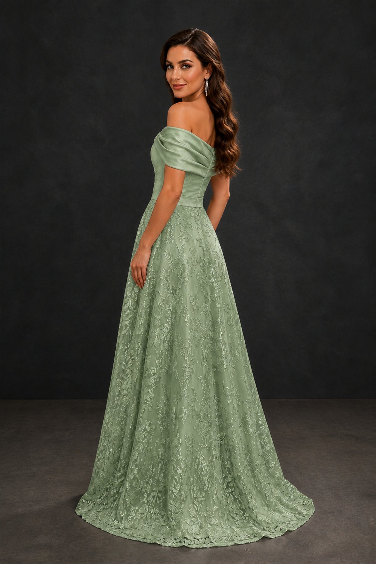 BOLODOO Sage Green Lace Glitter Off Shoulder Cap Sleeve A-Line Ball Gown with Train – Formal Evening Dress - Sage Green