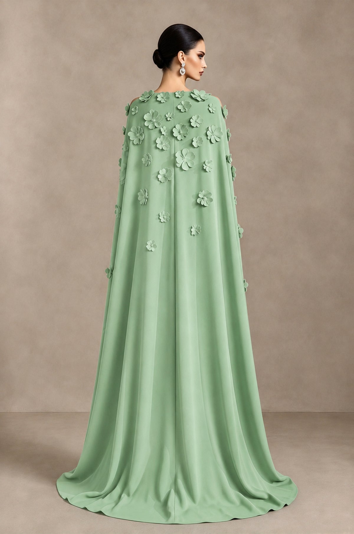 BOLODOO Sage Green 3D Floral Applique Cape Formal Dress - Sage Green - Sage Green_2